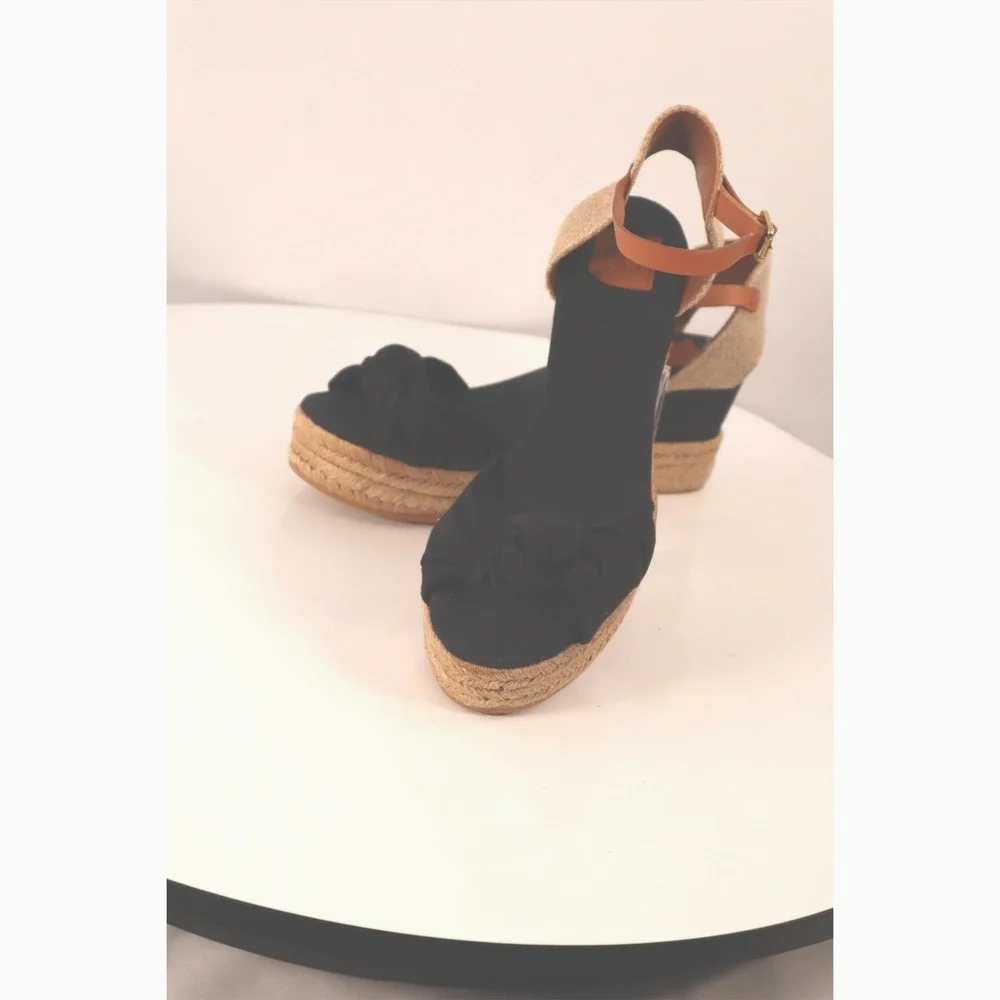 Tory Burch Knotted Bow Espadrille Wedge Sandals Black/Tan Leather Strap Size 10 - Picture 3 of 10